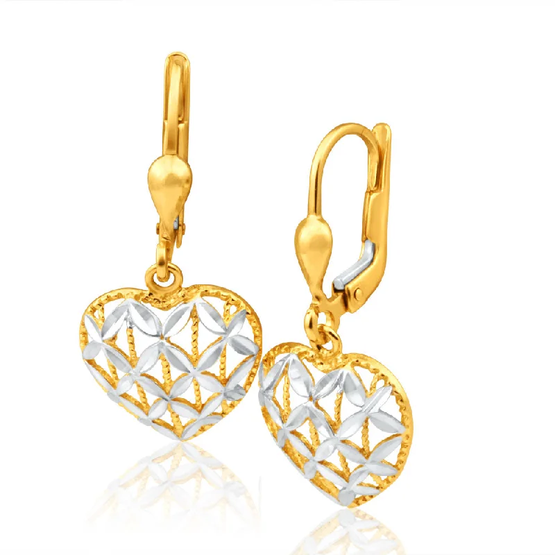 multi-colored earrings for women -9ct Yellow Gold & White Gold Two-Tone Heart Shaped Filigree Drop Earrings