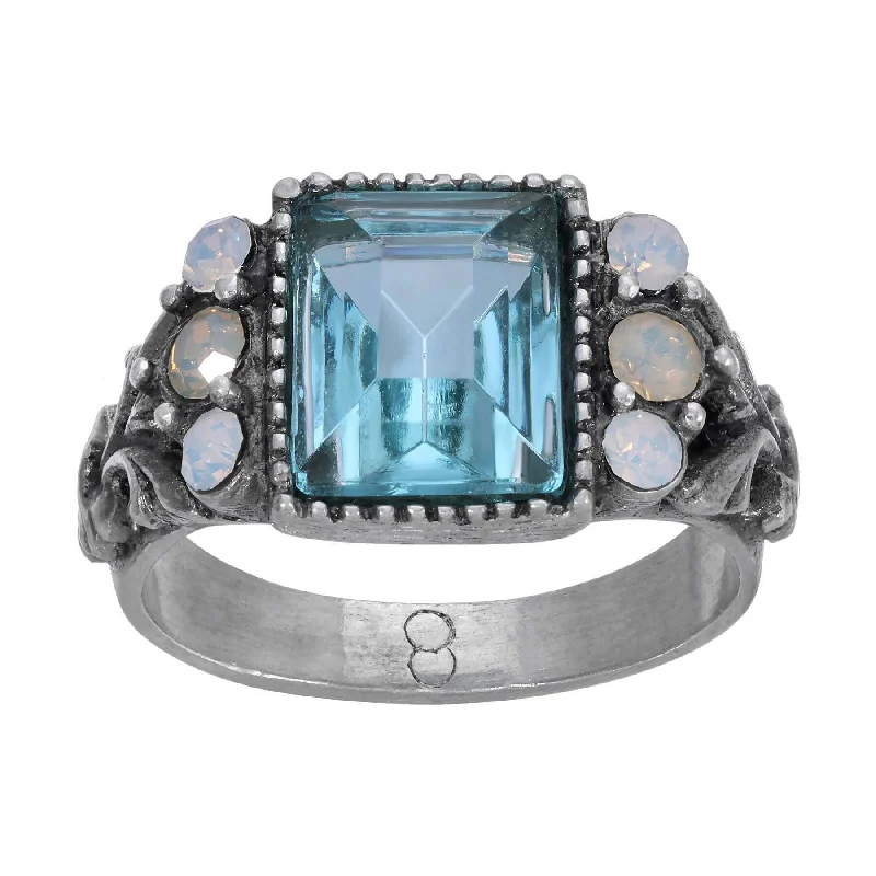 high-fashion rings for women -1928 Jewelry Aquamarine Crystal Rectangular Blue Crystal Opal Stone Ring Size 8