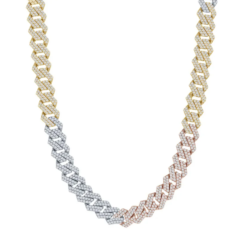 white gold necklaces for women -Tricolor Iced-Out Monaco Edge Chain (Silver)