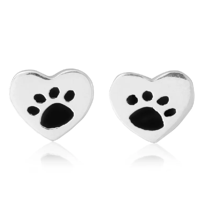 diamond stud earrings for women -Sterling Silver Heart with Paw Print Stud Earrings