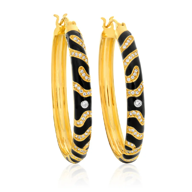 crystal earrings for women -Gold Plated Cubic Zirconia and Black Enamel Hoop Earrings