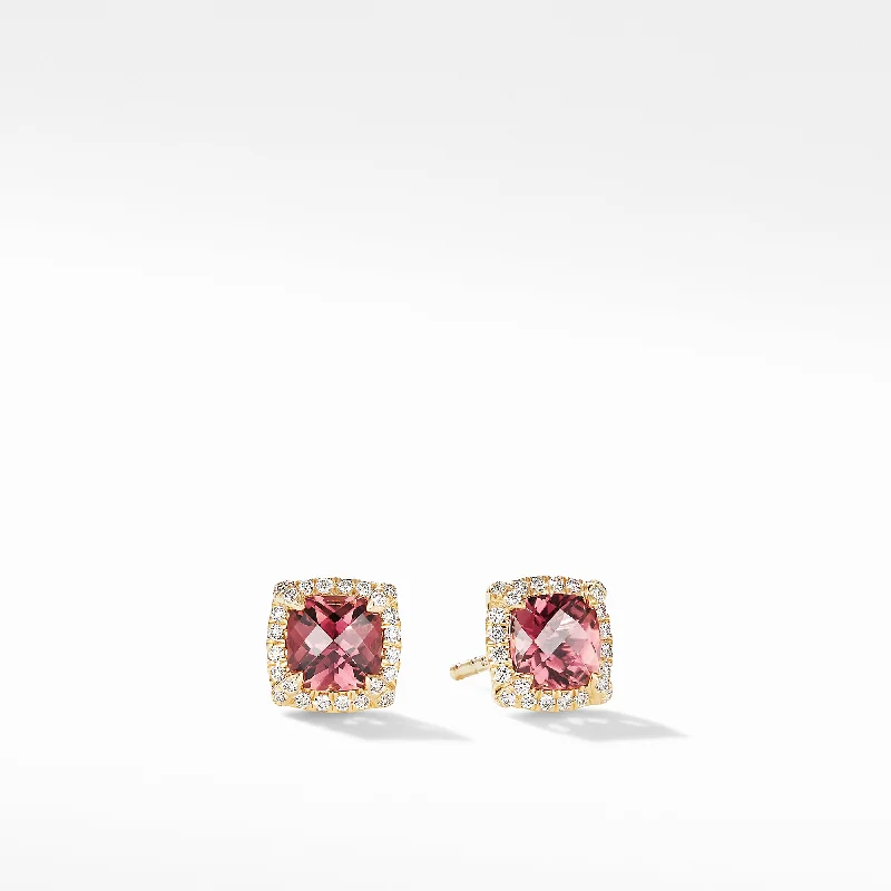 gold earrings for women -Pre-owned David Yurman Chatelaine Pave Bezel Stud Earrings in 18K Yellow Gold with Pink Tourmaline