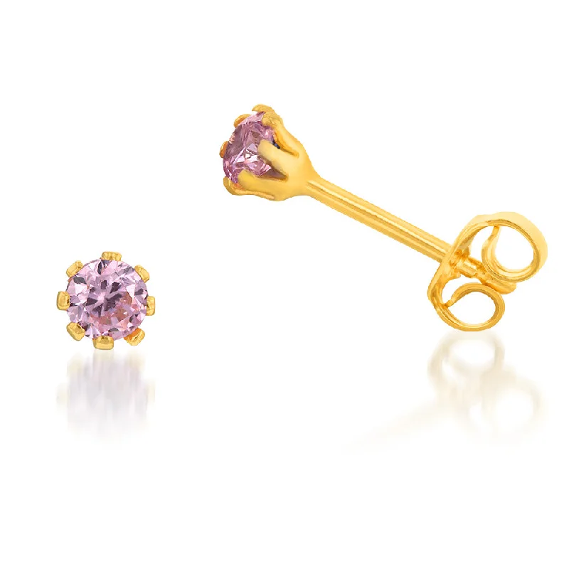 fancy earrings for women -9ct Yellow Gold Silverfilled Pink 3.2mm Cubic Zirconia Stud Earrings