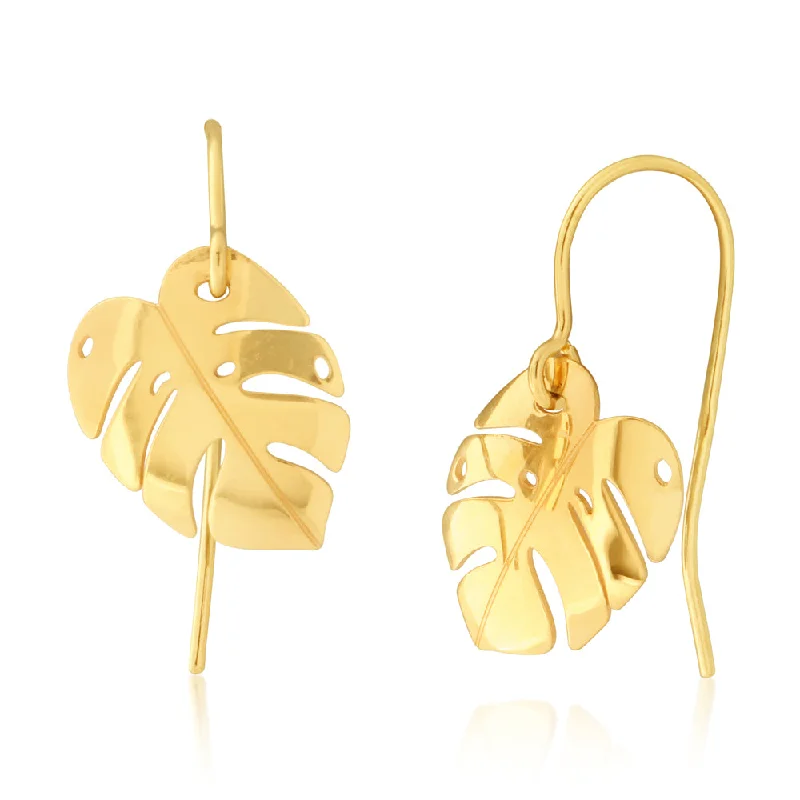 simple earrings for women -9ct Yellow Gold Leaf Drop Earrings