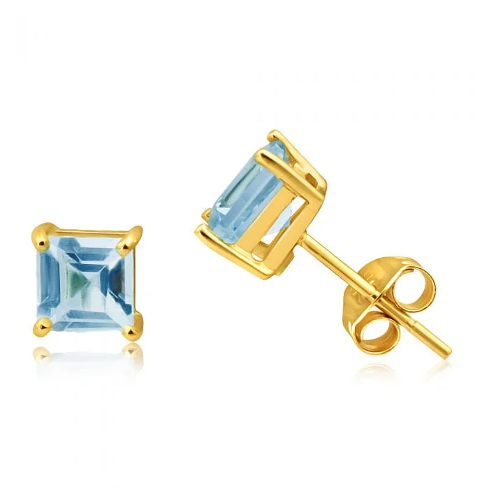 diamond earrings for women -9ct Yellow Gold Princess Cut 5mm Blue Topaz Stud Earrings