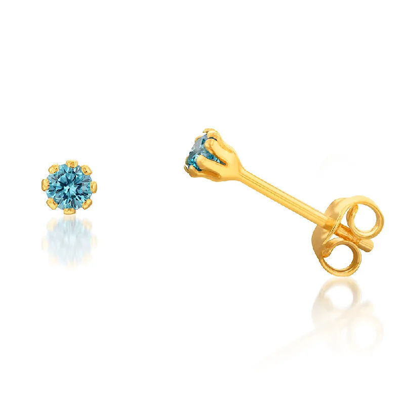 leaf earrings for women -9ct Yellow Gold Silverfilled Sea Blue 3.2mm Cubic Zirconia Stud Earrings