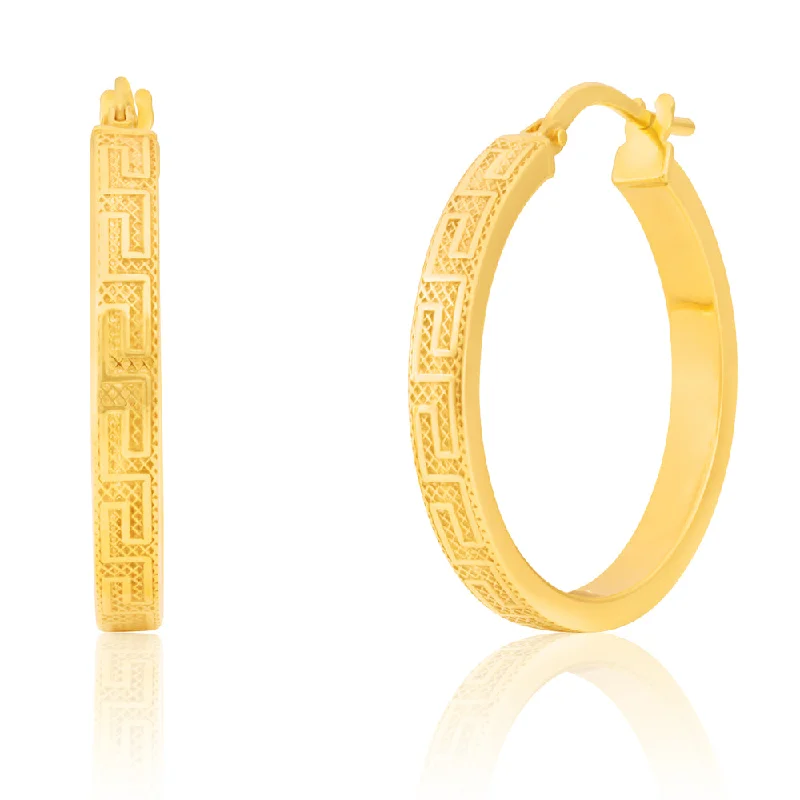 heart earrings for women -9ct Yellow Gold SilverFilled 20mm Hoop Earrings with Greek Key of Life Design