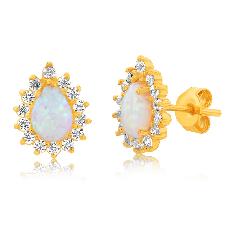 dangly earrings for women -Gold Plated Sterling Silver Pear Created Opal White Cubic Zirconia Studs Earrings