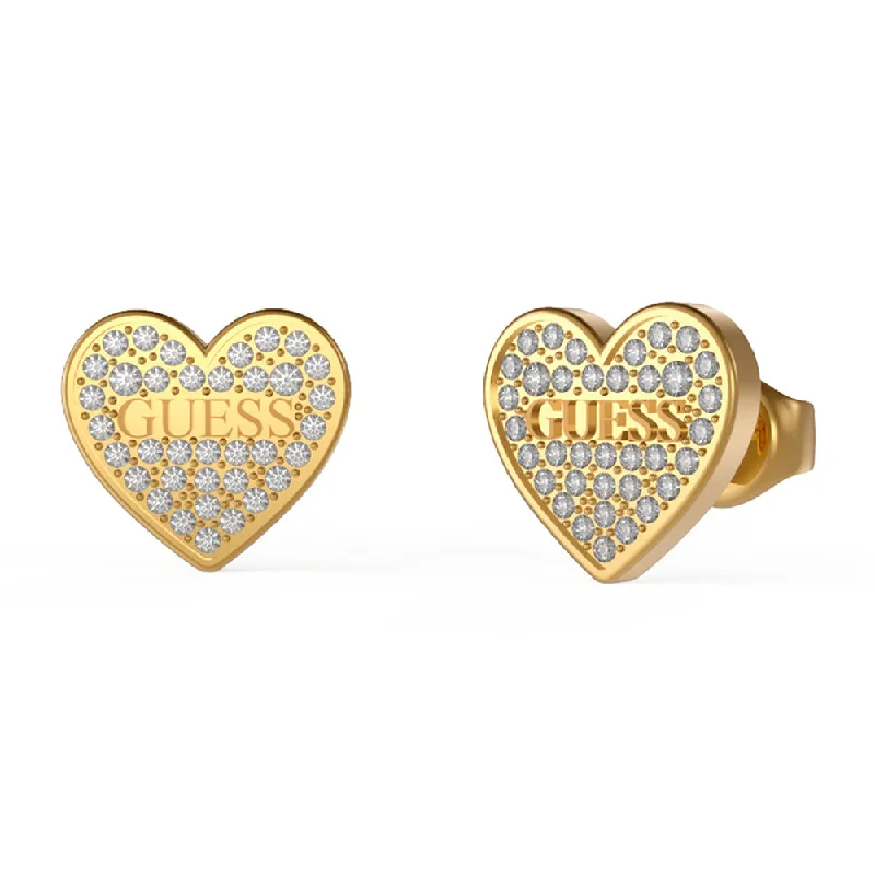 double hoop earrings for women -Guess Yellow Gold Plated 11mm Pave Logo Heart Stud Earrings