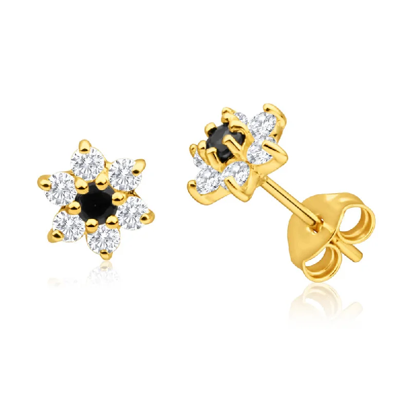 sapphire earrings for women -9ct Yellow Gold Cubic Zirconia + Natural Sapphire Flower Stud Earrings