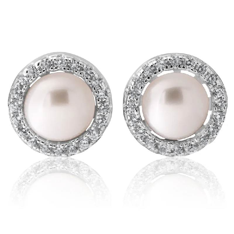 diamond earrings for women -Sterling Silver Cubic Zirconia + Pearl Halo Stud Earrings