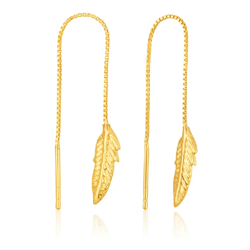 turquoise drop earrings for women -9ct Yellow Gold Leaf Threader Earrings