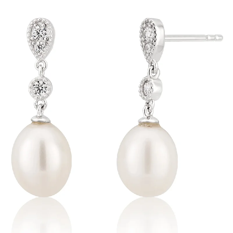 custom-designed earrings for women -Sterling Silver Freshwater Pearl and Zirconia Drop Earrings