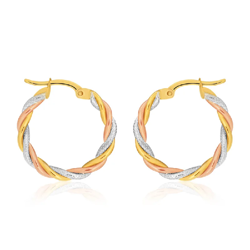 crystal earrings for women -9ct Yellow, Rose & White Gold Hoop Earrings 3 tube twist