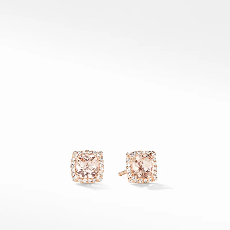 boho chic earrings for women -Pre-owned David Yurman Chatelaine Pave Bezel Stud Earrings in 18K Rose Gold with Morganite