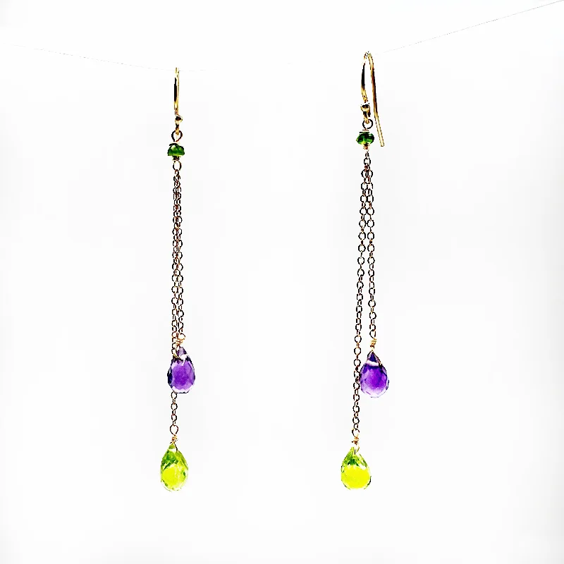 crystal drop earrings for women -Amethyst & Peridot Briolettes on Gold Chain