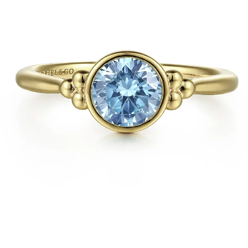 men's and women's matching rings -Gabriel 14K Yellow Gold Blue Topaz Bujukan Bezel Ring