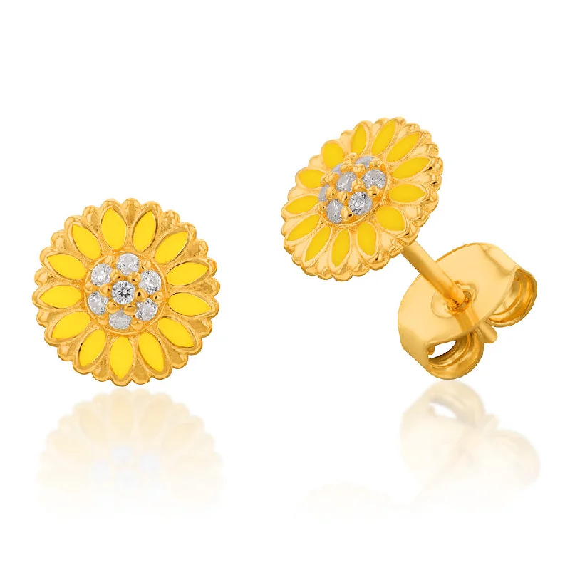 oversized earrings for women -Gold Plated Sterling Silver Cubic Zirconia And Enamel Sunflower Stud Earrings