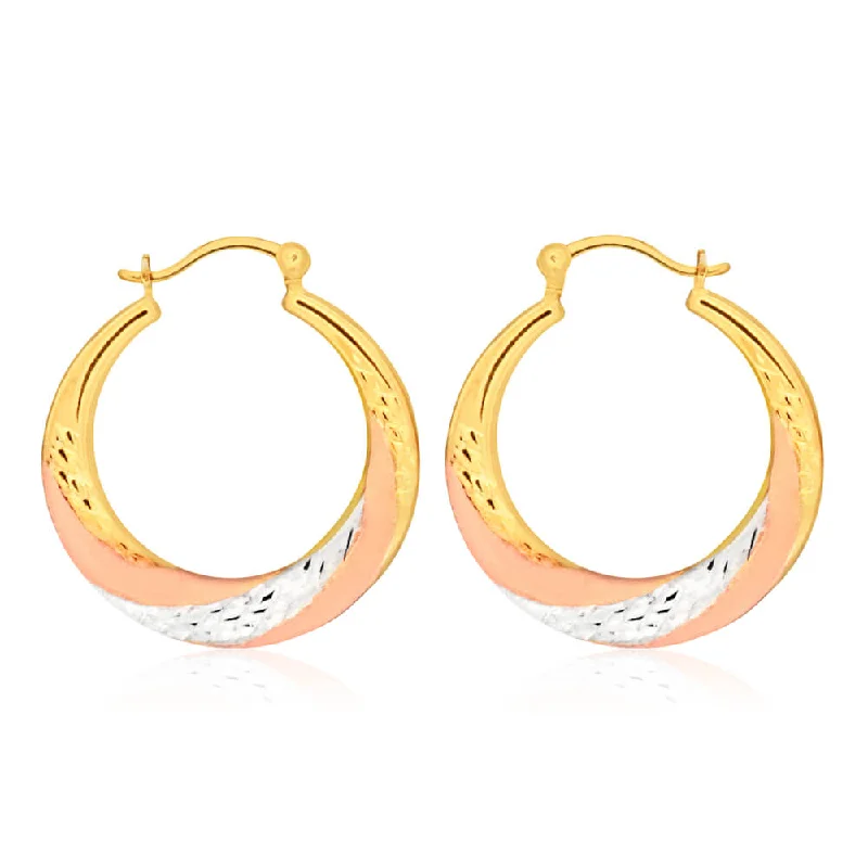 geometric gold earrings for women -9ct Yellow Gold Silver Filled Three Tone Swirl Hoop Earrings