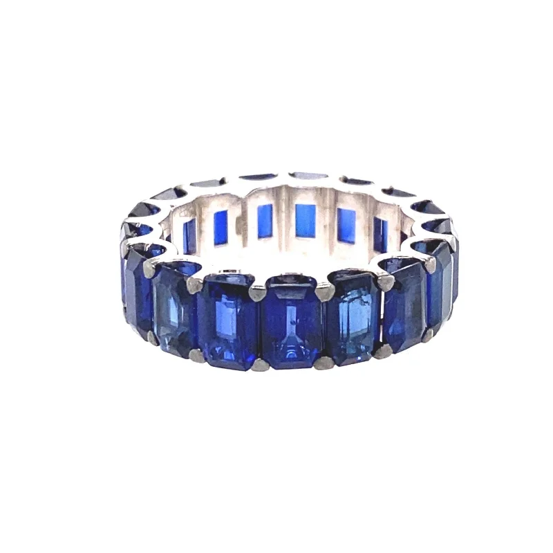 stackable wedding rings for women -Blue Sapphire Emerald Cut Eternity Band Ring