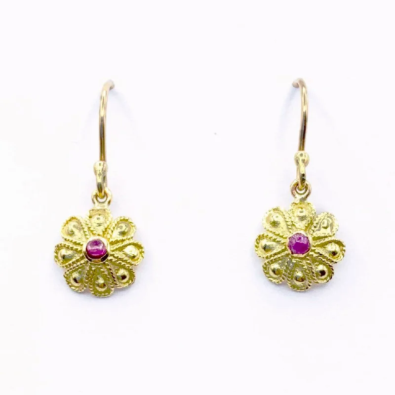 vintage-inspired earrings for women -Golden Flowers with Ruby Centers