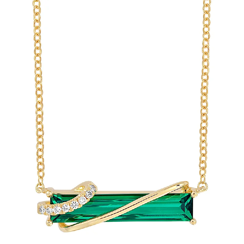 layered gold necklaces for women -14K yellow gold bar necklace featuring an elongated baguette Chatham lab grown emerald with Chatham lab grown diamond accents.