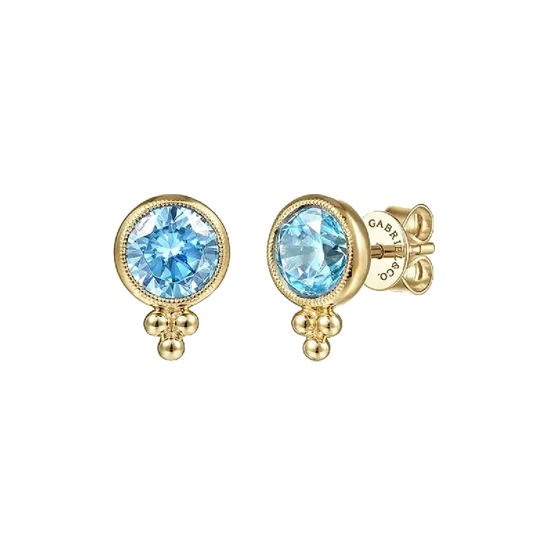 sterling silver earrings for women -Gabriel 14K Yellow Gold Round Bezel London Blue Topaz Stud Earrings