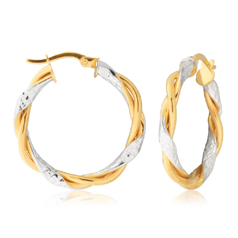 pearl earrings for women -9ct Two-Tone Gold-Filled Diamond Cut Twist Hoop Earrings