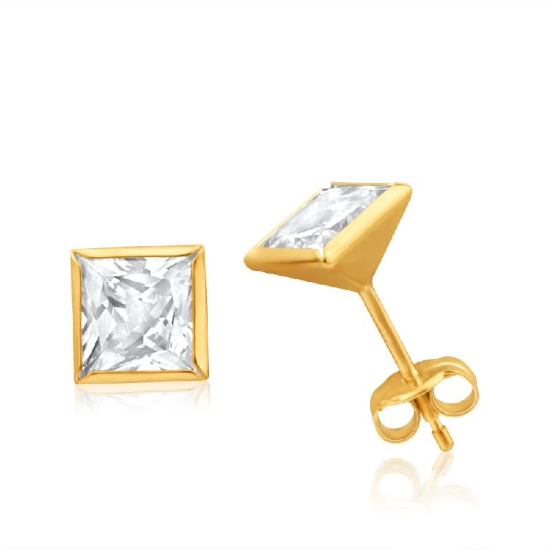 long dangly earrings for women -9ct Yellow Gold 6mm Princess Cut Cubic Zirconia Stud Earrings