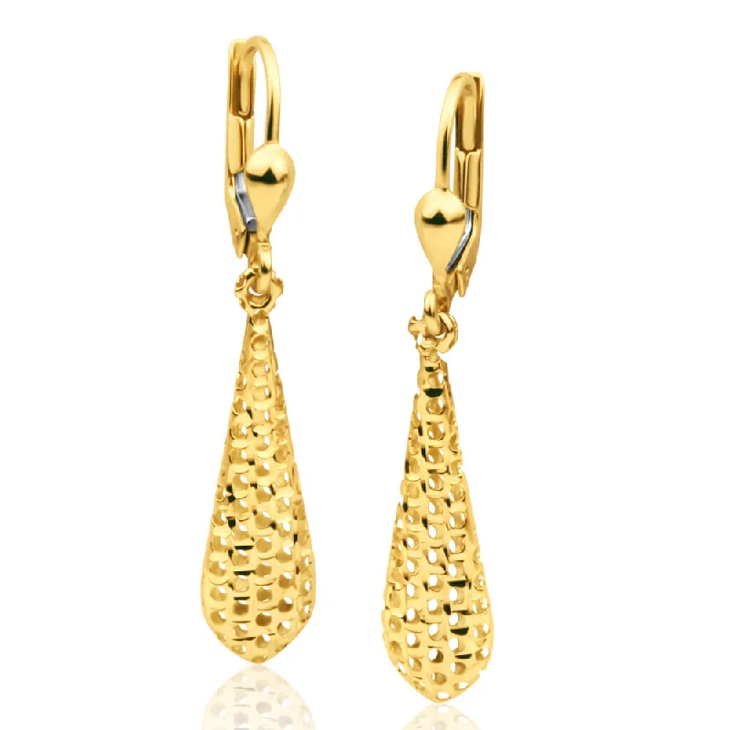 geometric gold earrings for women -9ct Yellow Gold Bomber Diamond Cut Drop Earrings