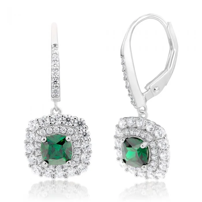 multi-colored earrings for women -Sterling Silver Rhodium Plated Green And White Cubic Zirconia Cushion Drop Earrings