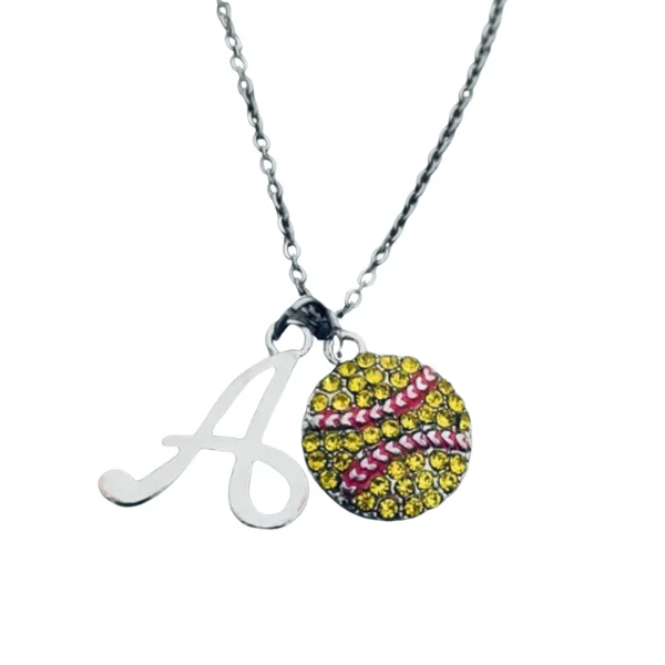 long necklaces for women -Personalized Softball Rhinestone Necklace- Letter