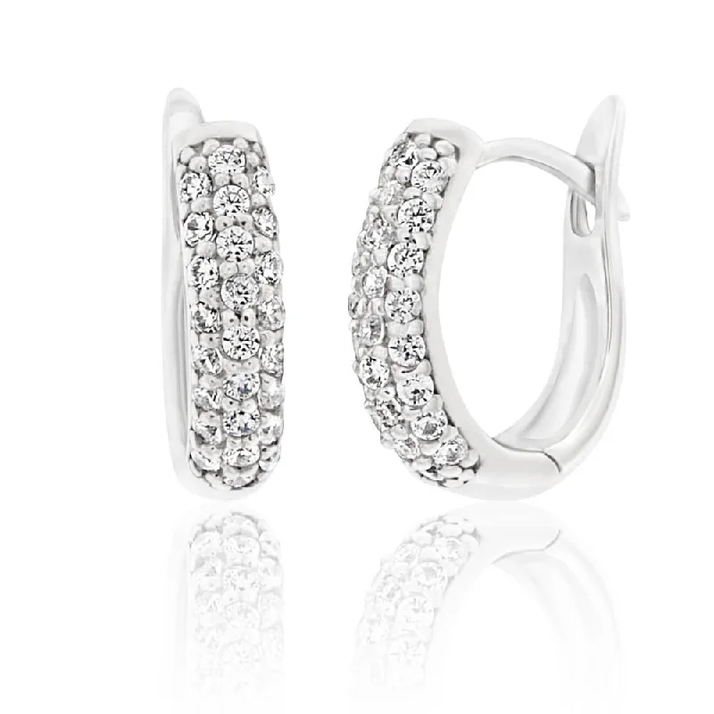 pearl earrings for women -Sterling Silver Rhodium Plated Cubic Zirconia Pave Huggies Hoop Earrings