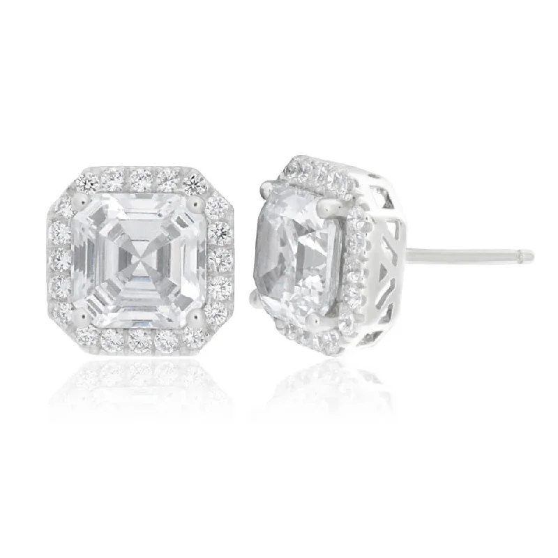 flower earrings for women -Sterling Silver Cubic Zirconia Octagon Step Cut 7mm Halo Stud Earrings