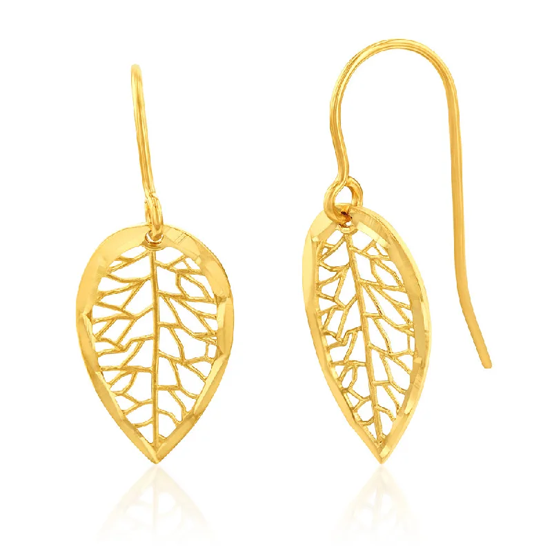 custom earrings for women -9ct Yellow Gold Diamond Cut Leaf Drop Hook Earrings