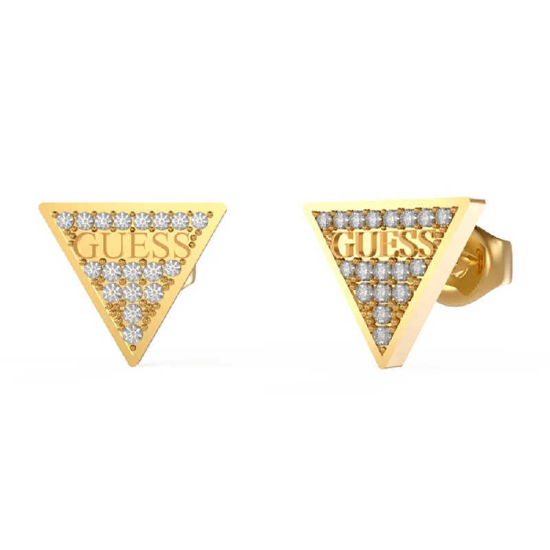 gold dangly earrings for women -Guess Gold Plated 11mm Pave Logo Triangle Stud Earrings