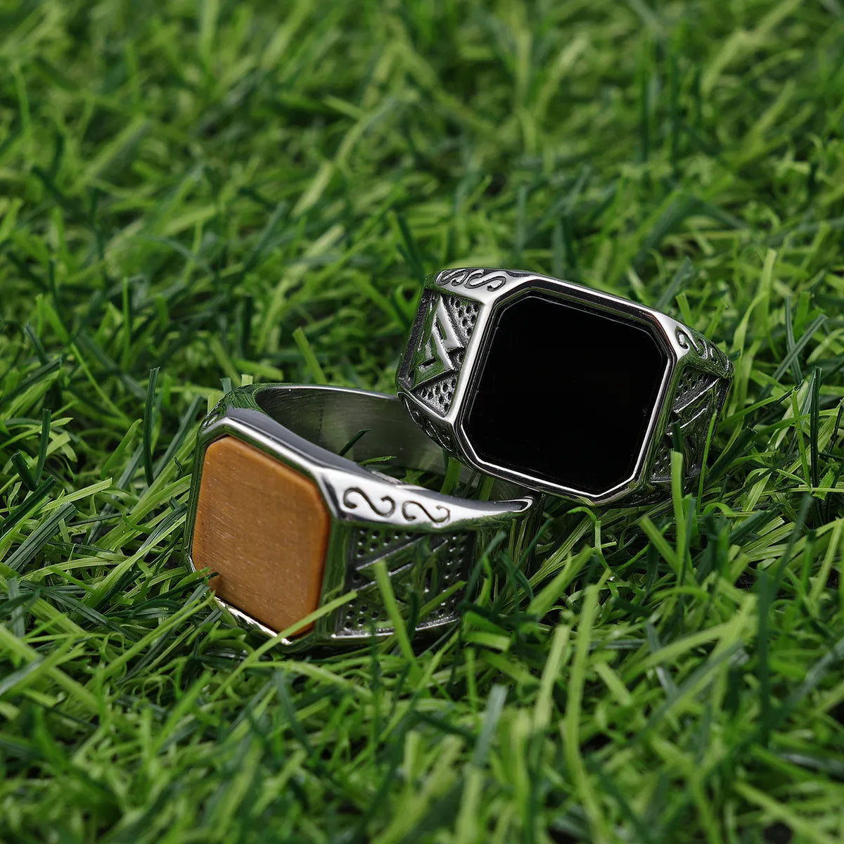 small rings for women -Vintage Style Punk Geometric 304 Stainless Steel Polishing Inlay Agate Men'S Wide Band Rings