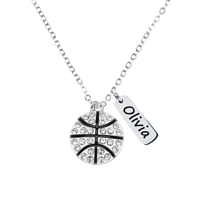 white gold necklaces for women -Engraved Basketball Tag Charm Necklace