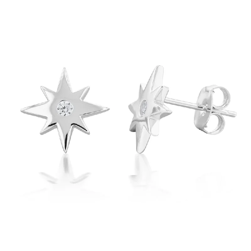 gold-plated earrings for women -Sterling Silver Cubic Zirconia Star Stud Earrings