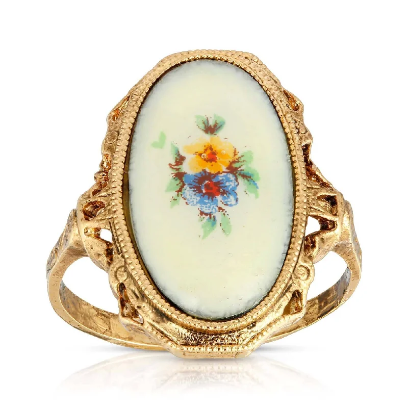 elegant rings for women -1928 Jewelry Ivory Enamel Blue & Yellow Flower Ring