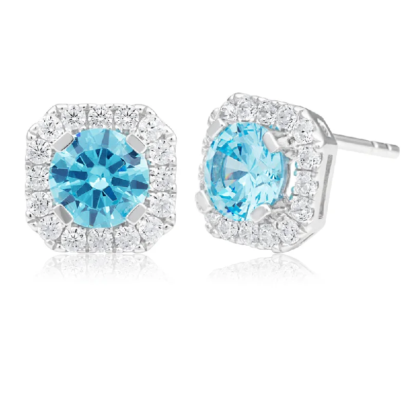 diamond chandelier earrings for women -Sterling Silver Rhodium Plated Light Blue Zirconia Round Cut Halo Stud Earrings