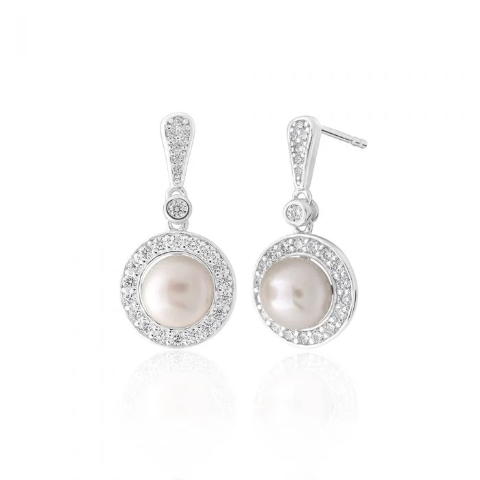 leaf earrings for women -Sterling Silver Freshwater Pearl and White Zirconia Circle Drop Earrings