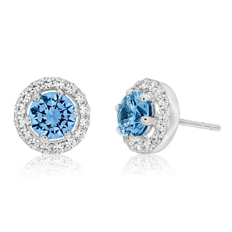 hoop earrings for women -Sterling Silver Aqua Cubic Zirconia + White Cubic Zirconia Stud Earrings