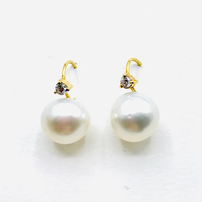 diamond earrings for women -Diamond and Pearl Earrings in 14K Yellow Gold