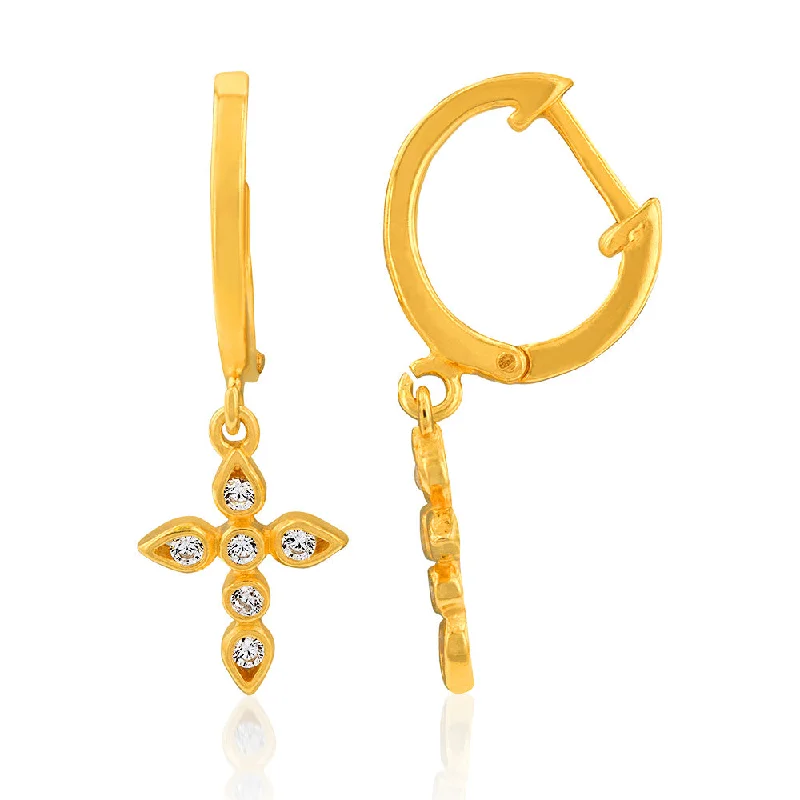 beaded earrings for women -Sterling Silver Gold Plated Cubic Zirconia Cross On Hoops Earrings