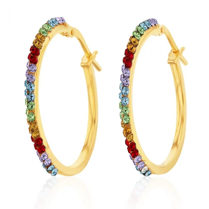 oversized earrings for women -9ct Silverfilled Yellow Gold Rainbow Multi-Colour Crystal Hoop Earrings