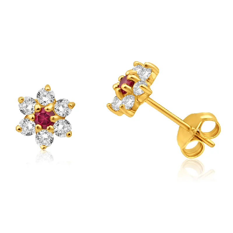 natural stone earrings for women -9ct Alluring Yellow Gold Created Ruby + Cubic Zirconia Stud Earrings