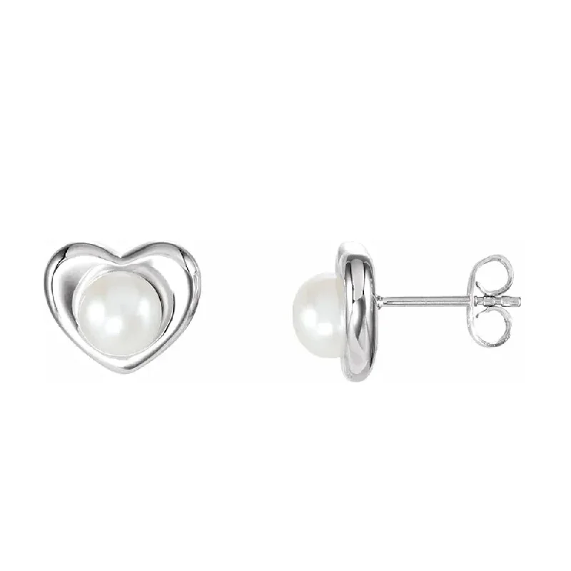 luxury earrings for women -Sterling Silver Cultured White Freshwater Pearl Heart Earrings