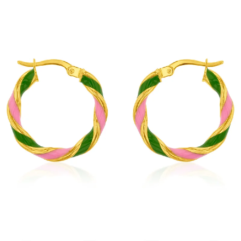 round earrings for women -9ct Yellow Gold Silverfilled 15mm Pink And Green Enamel On Twisted Hoop Earrings