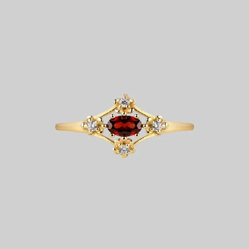 adjustable gemstone rings for women -MARTHA. Ornate Garnet Floral Ring - Gold